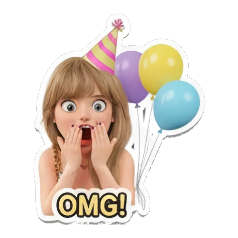 Blonde girl holding colorful balloons with 'OMG!' text, surprised expression. Pop Star Party Vibes sticker for expressive chats and social replies.