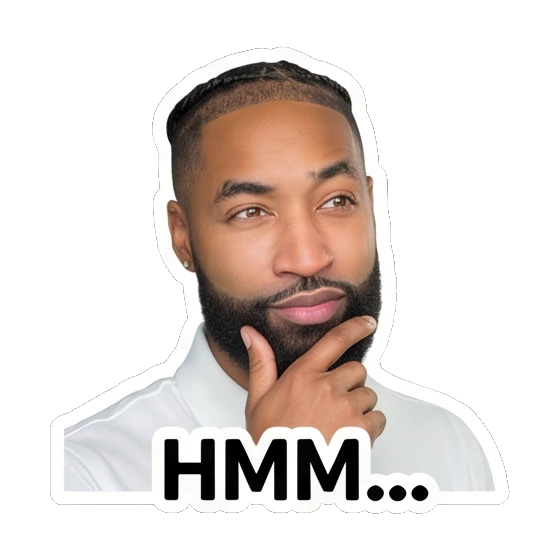 Bearded man touching chin in a thoughtful HMM pose Daily Vibes with Marcus sticker for expressive chats and social replies.