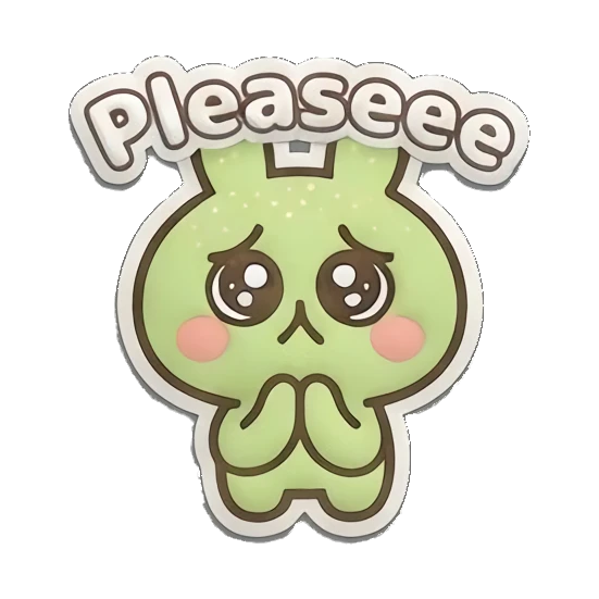 Pleading green bunny with big watery eyes and 'Pleaseee' text. Puffy Green Bunny Adventures sticker for expressive chats and social replies.