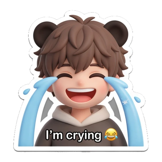 Crying boy with bear ears and text I'm crying. Brown Bear Boy Daily sticker for expressive chats and social replies.