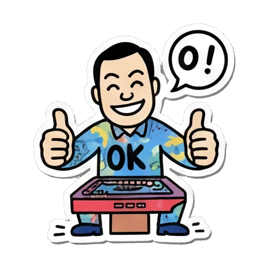 Man at mahjong table gives double thumbs up with OK speech bubble. Mahjong Master Daily sticker for expressive chats and social replies.
