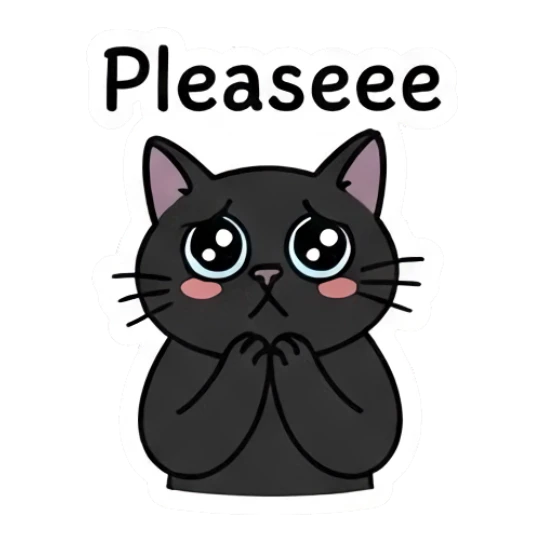 Pleading black cat with big watery eyes saying Pleaseee. Playful Black Cat Moods sticker for expressive chats and social replies.