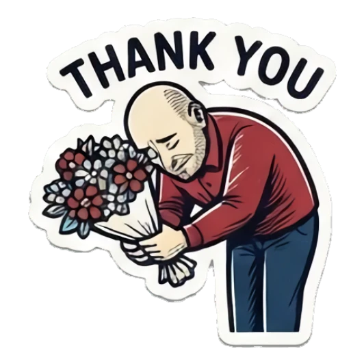 Bald man bowing with a bouquet of flowers, text THANK YOU Bald Guy Daily Vibes sticker for expressive chats and social replies.