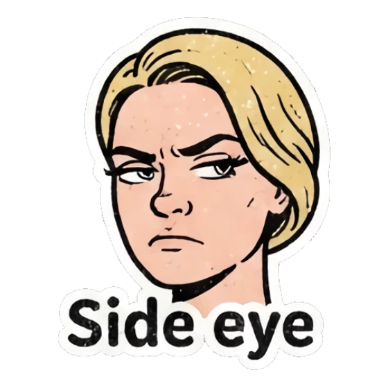 Blonde woman giving side eye with text Side eye Retro Blonde Daily Vibes sticker for expressive chats and social replies.