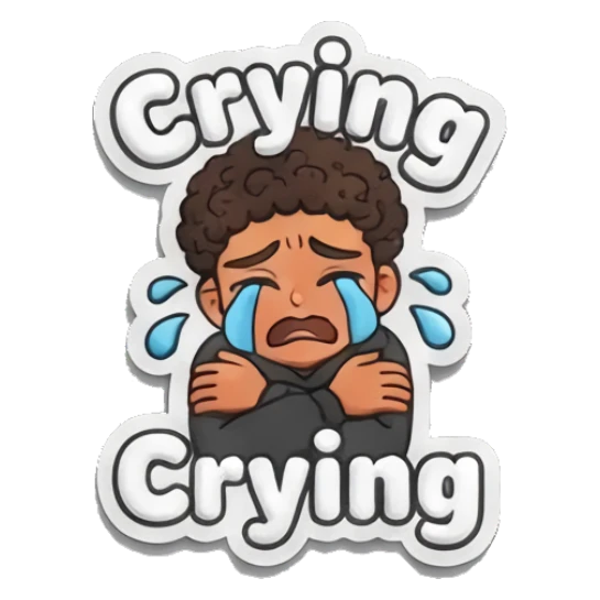 Curly-haired boy crying with blue tears streaming down. Curly Hair Boy Daily Vibes sticker for expressive chats and social replies.