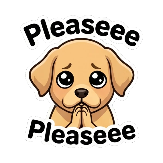 Cute puppy begging with text Pleaseee Blonde Pop Icon Expressions sticker for expressive chats and social replies.