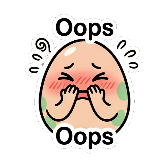Embarrassed egg blushing and covering mouth saying Oops. Little Spotted Egg Emotions sticker for expressive chats and social replies.