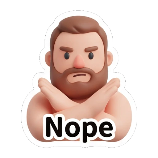 Bearded man crossing arms in a firm rejection gesture saying Nope. Bearded Buddy Expressions sticker for expressive chats and social replies.