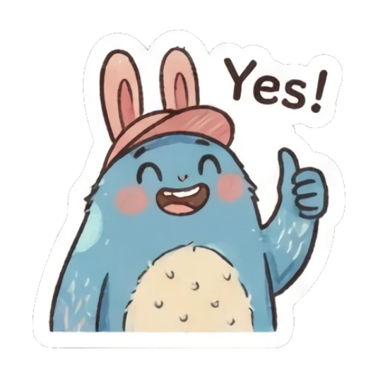 Blue bunny giving a thumbs up with a smile and text Yes! Furry Blue Bunny Buddy sticker for expressive chats and social replies.
