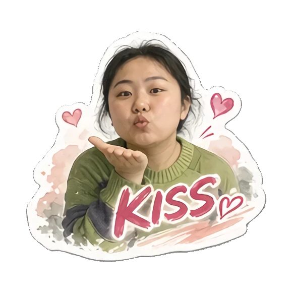 Young woman blowing a kiss with heart icons saying KISS Cheerful Daily Life of a Young Woman sticker for expressive chats and social replies.