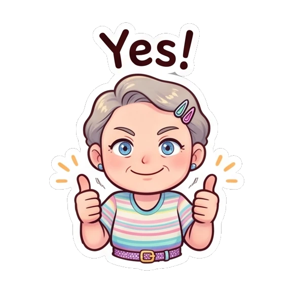Grandma giving a double thumbs-up with a happy expression. Cheerful Grandma Adventures sticker for expressive chats and social replies.