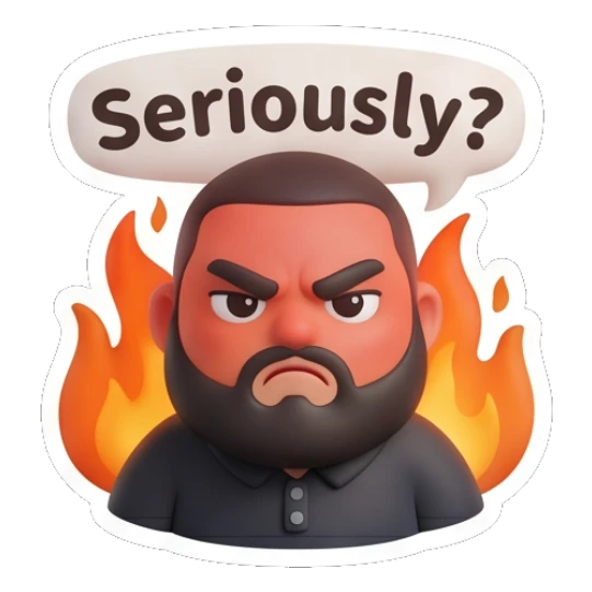 Bearded man looking angry with flames in the background. Bearded Buddy Expressions sticker for expressive chats and social replies.