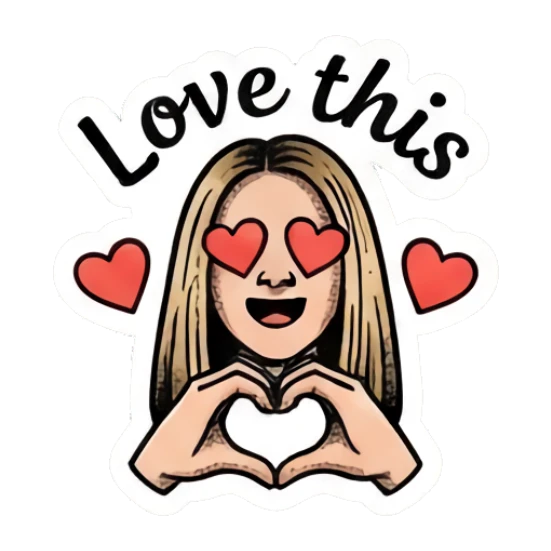 Blonde girl making a heart shape with hands and text 'Love this' Vintage Blonde Expressionist sticker for expressive chats and social replies.