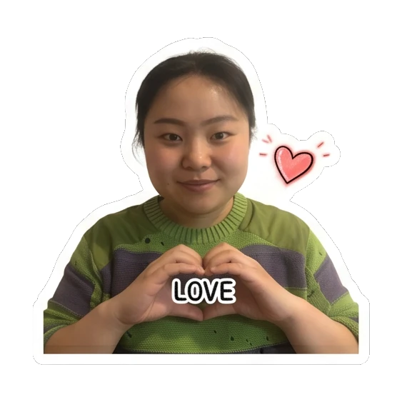Young woman making a heart shape with hands saying 'LOVE' Cheerful Daily Expressions sticker for expressive chats and social replies.