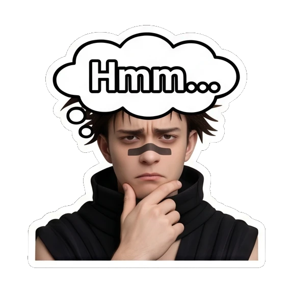 Pensive young man touching chin in thought with text Hmm... Spiky Hair Boy Reactions sticker for expressive chats and social replies.