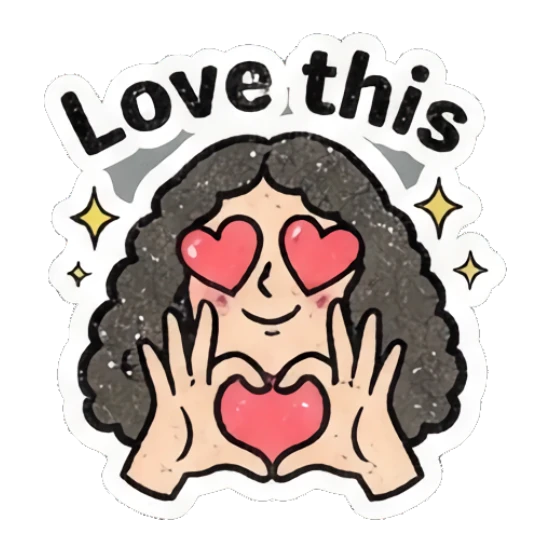 Loving girl making a heart shape with her hands with text Love this Curly Hair Retro Vibes sticker for expressive chats and social replies.