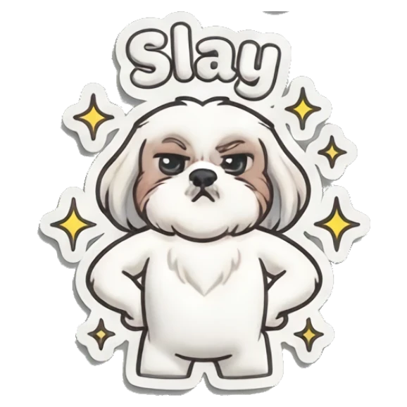 Shih Tzu standing confidently with hands on hips Puffy Shih Tzu Pals sticker for expressive chats and social replies.