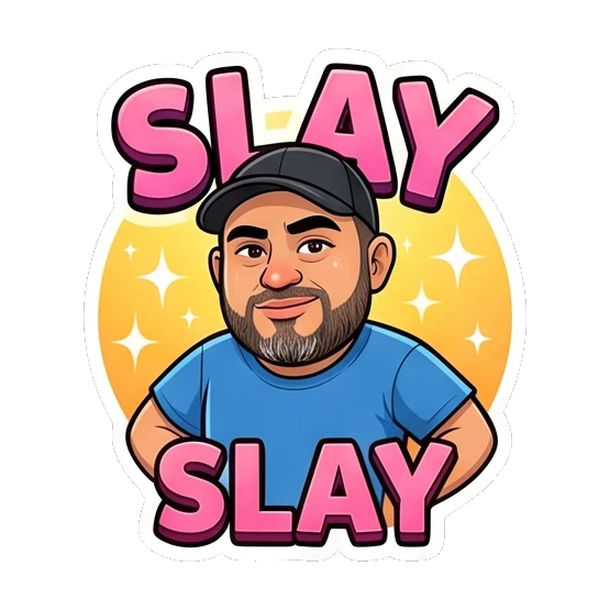 Bearded man looking confident and stylish, 'Slay'. Bearded Guy Daily Vibes sticker for expressive chats and social replies.