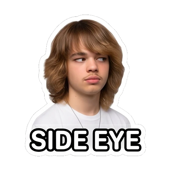 Teen boy looking skeptical with side eye, text SIDE EYE Teen Boy Daily Vibes sticker for expressive chats and social replies.