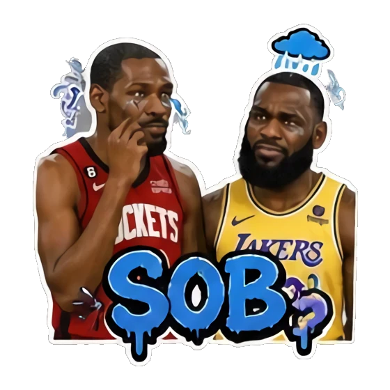 Two players looking sad with a rain cloud, crying, text SOB. Basketball Legends Duo sticker for expressive chats and social replies.