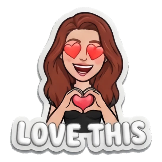 Red-haired girl with heart eyes and hands forming a heart, text LOVE THIS Red-Haired Girl Daily Moods sticker for expressive chats and social replies.