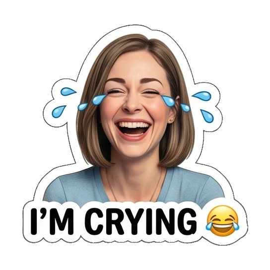 Woman laughing with tears and 'I'M CRYING' text Everyday Office Lady sticker for expressive chats and social replies.