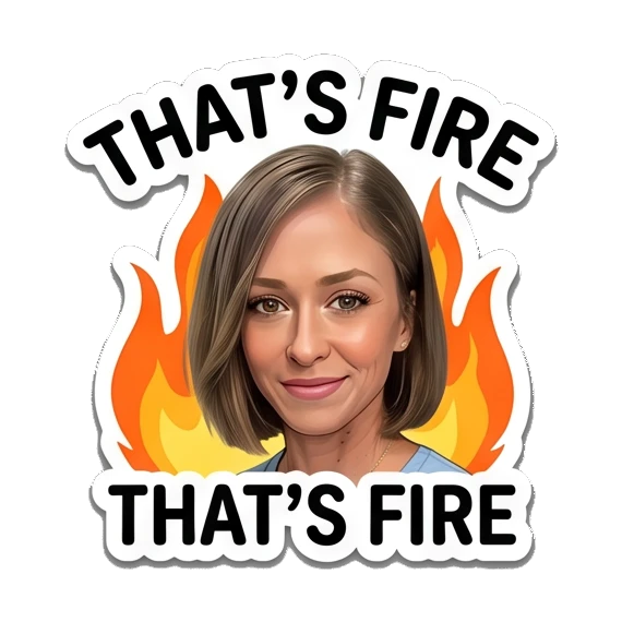 Woman looking cool with fire background, text THAT'S FIRE Everyday Expressions of Sarah sticker for expressive chats and social replies.
