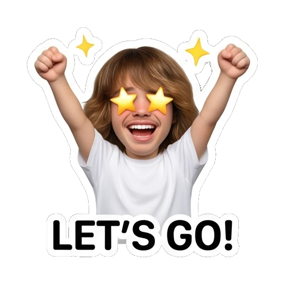 Teen boy cheering with star eyes, text LET'S GO! Teen Boy Daily Vibes sticker for expressive chats and social replies.