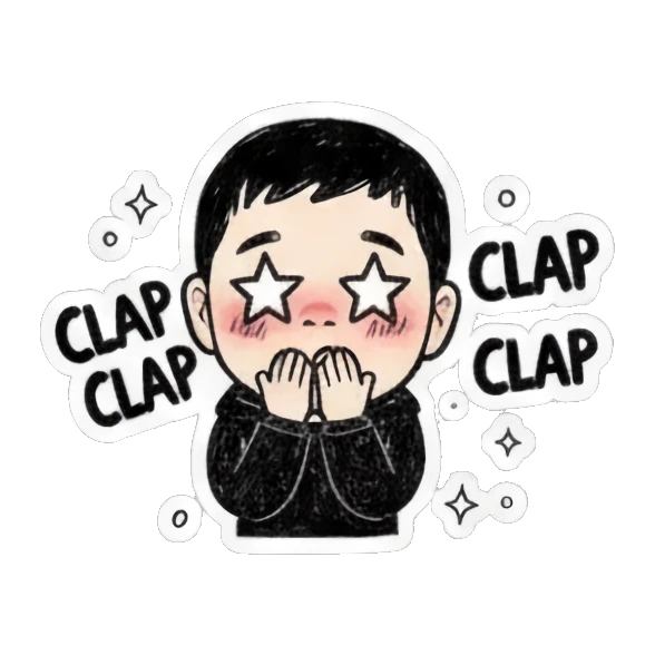 Excited boy with star-shaped eyes clapping hands. Cool Boy Doodle Diary sticker for expressive chats and social replies.