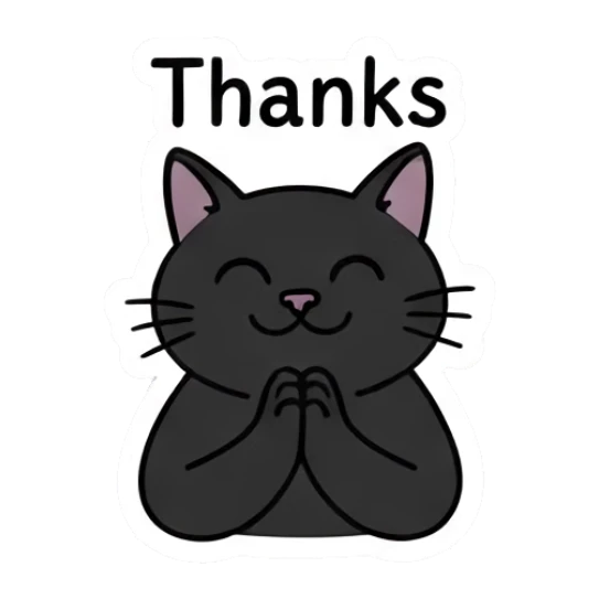 Grateful black cat with hands together saying Thanks. Playful Black Cat Moods sticker for expressive chats and social replies.