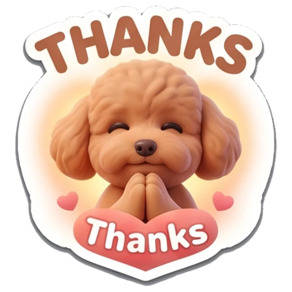 Poodle praying with hands together saying thanks. Poodle Pals Daily sticker for expressive chats and social replies.