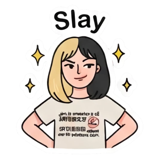 双色发女孩叉腰自信站立，文字Slay Two-Tone Girl Daily Vibes sticker for expressive chats and social replies.