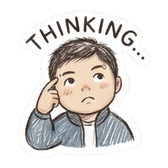 Thinking boy pointing to head with text THINKING. Little Boy Doodle Expressions sticker for expressive chats and social replies.