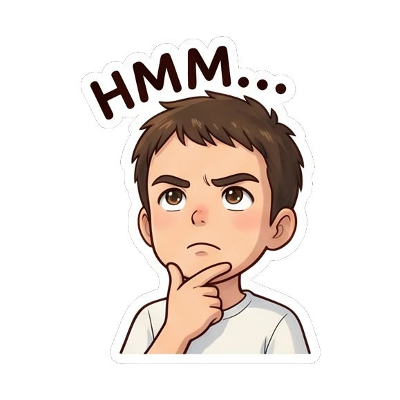 Thoughtful boy resting chin on hand while pondering. Daily Life of a Chibi Boy sticker for expressive chats and social replies.