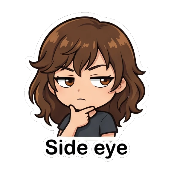 Brown-haired girl looking skeptical with a side-eye glance. Brown Hair Chibi Girl Daily Life sticker for expressive chats and social replies.