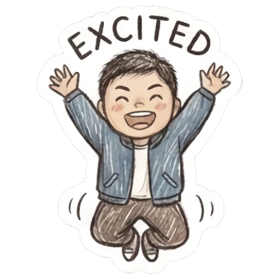 Excited boy jumping in air with text EXCITED. Little Boy Doodle Expressions sticker for expressive chats and social replies.