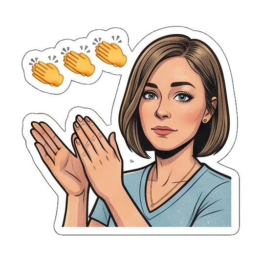 Woman clapping hands with applause icons, text Clap Retro Comic Office Lady sticker for expressive chats and social replies.