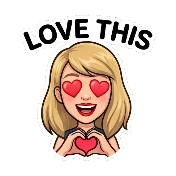 Blonde girl making heart hands with text Love this Blonde Pop Icon Expressions sticker for expressive chats and social replies.