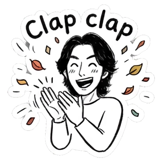 Excited boy clapping hands, text Clap clap Autumn Indie Doodle Guy sticker for expressive chats and social replies.