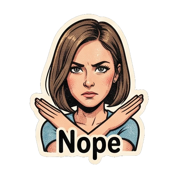 Young woman making an X gesture with arms with 'Nope' text Retro Comic Girl Expressions sticker for expressive chats and social replies.