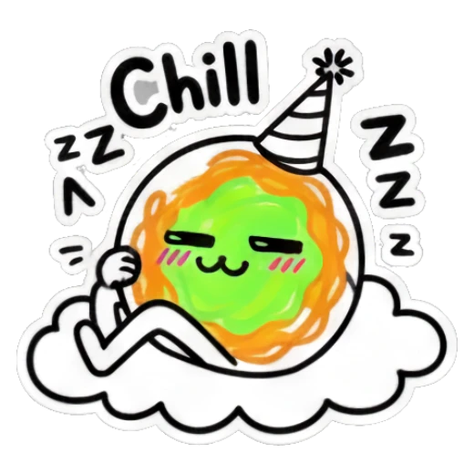Spaghetti character sleeping on a cloud with 'Chill' text. Spaghetti Doodle Pals sticker for expressive chats and social replies.
