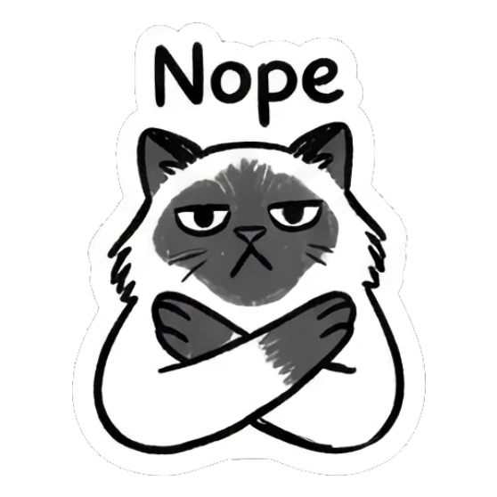 Disapproving Ragdoll cat with arms crossed, text 'Nope' Ragdoll Cat Moods sticker for expressive chats and social replies.