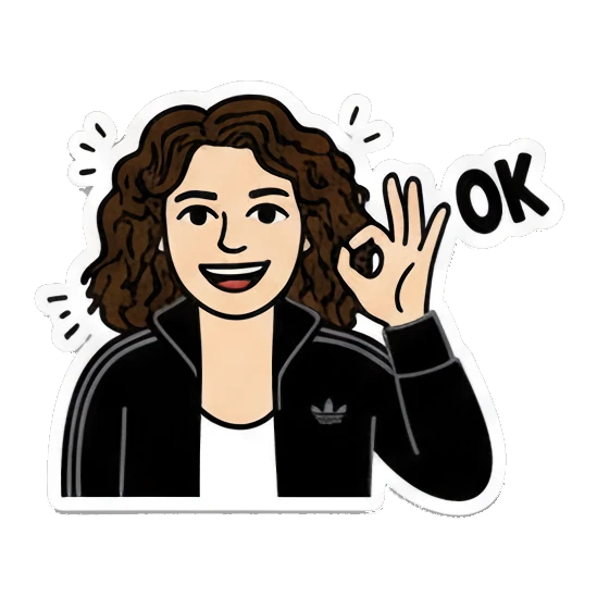 Curly-haired girl making an OK hand gesture with text OK Curly Hair Girl Daily Vibes sticker for expressive chats and social replies.