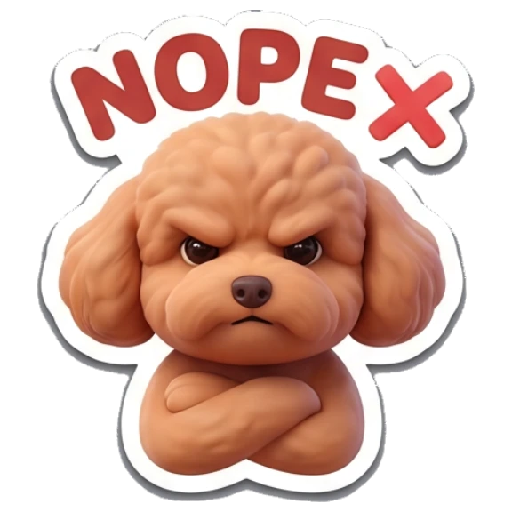 Poodle looking annoyed with crossed arms. Poodle Pals Daily sticker for expressive chats and social replies.