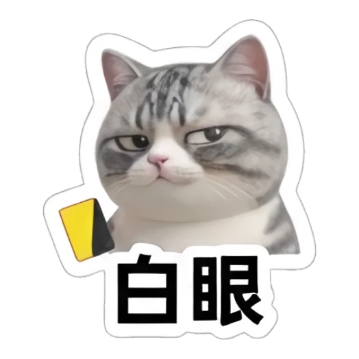 Gray cat looking annoyed holding a yellow card, text '白眼' Sporty Gray Cat Adventures sticker for expressive chats and social replies.