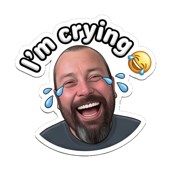 Bearded man laughing hysterically with tears of joy. Bearded Guy Daily Vibes sticker for expressive chats and social replies.