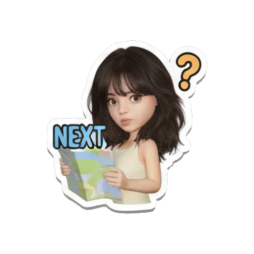 Girl holding a map, looking confused, text 'NEXT' Music Festival Girl sticker for expressive chats and social replies.