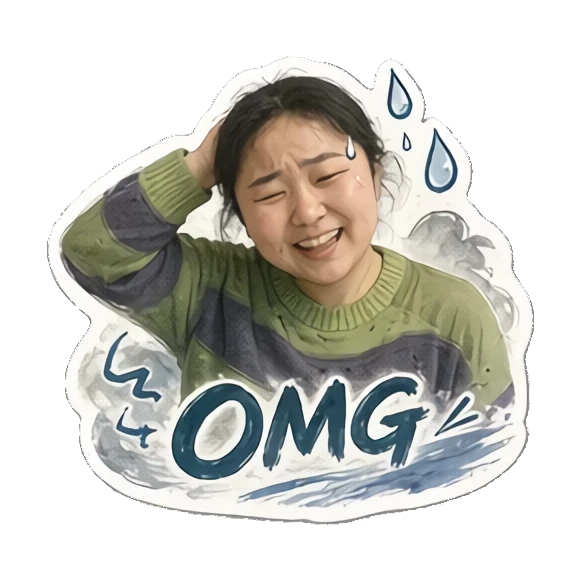 Young woman looking overwhelmed with sweat drop saying OMG Cheerful Daily Life of a Young Woman sticker for expressive chats and social replies.