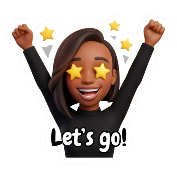 Excited woman with star eyes raising arms, text says Let's go. Modern Chic Expressions sticker for expressive chats and social replies.