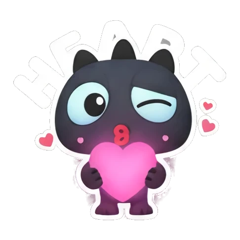 Black monster holds a glowing pink HEART. Little Black Monster Moods sticker for expressive chats and social replies.